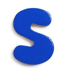 Photo of Blue magnetic letter S isolated on white, top view. Alphabet