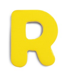 Yellow magnetic letter R isolated on white, top view. Alphabet