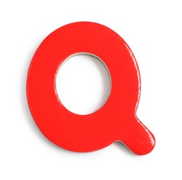 Photo of Red magnetic letter Q isolated on white, top view. Alphabet