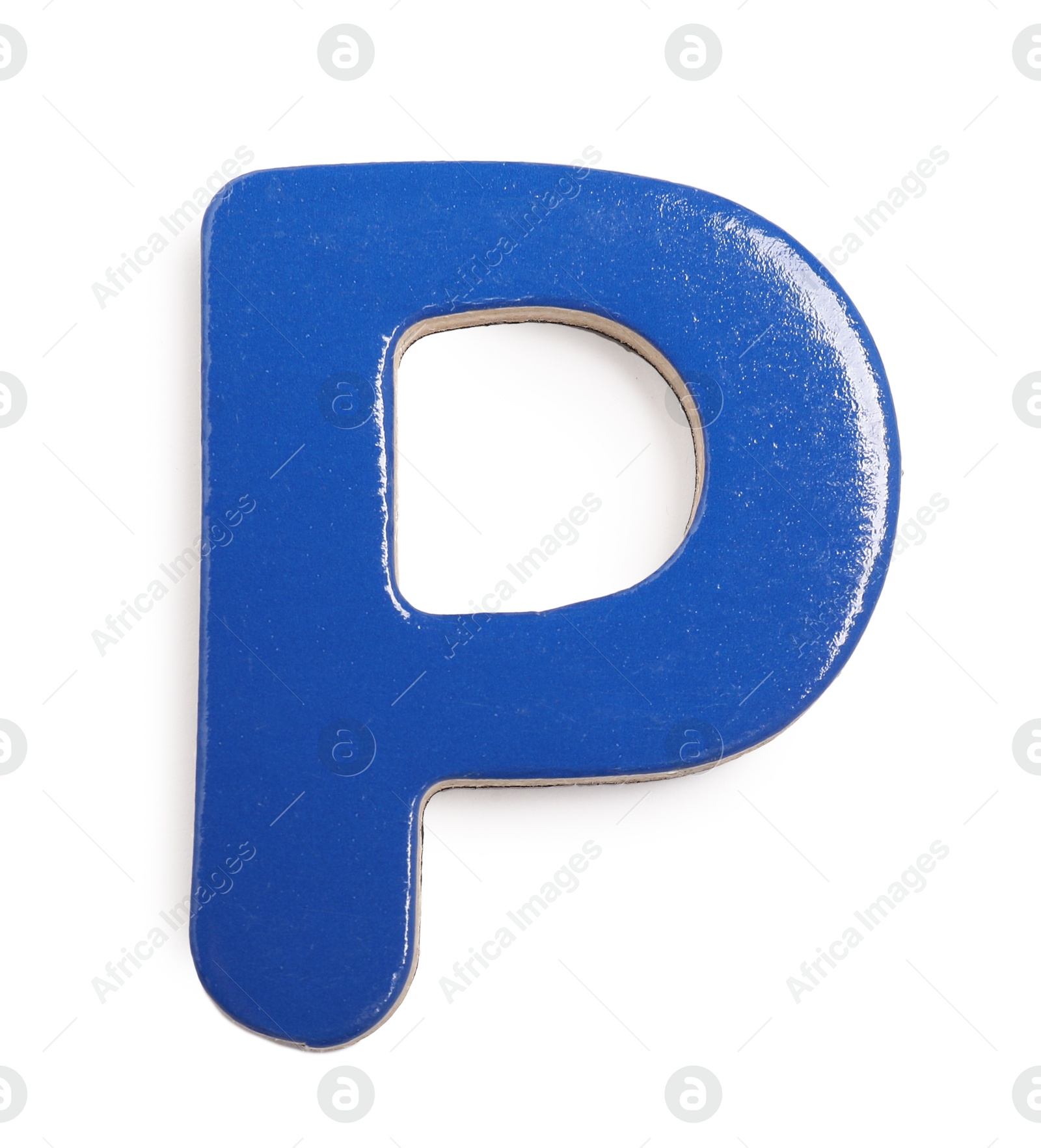Photo of Blue magnetic letter P isolated on white, top view. Alphabet