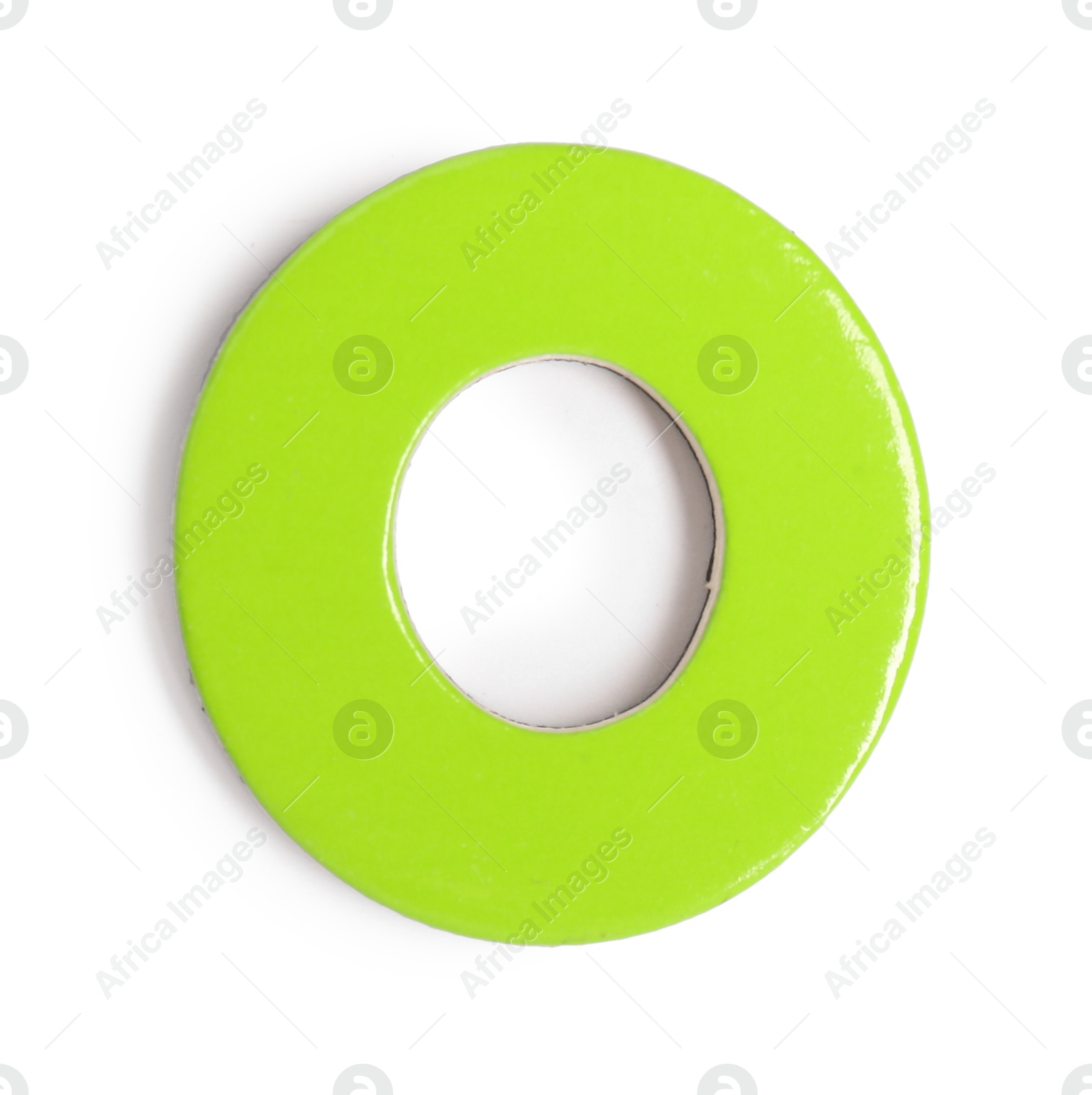 Photo of Green magnetic letter O isolated on white, top view. Alphabet