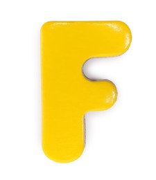 Yellow magnetic letter F isolated on white, top view. Alphabet