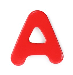 Photo of Red magnetic letter A isolated on white, top view. Alphabet