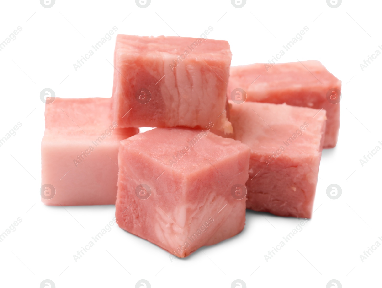 Photo of Cubes of raw bacon isolated on white