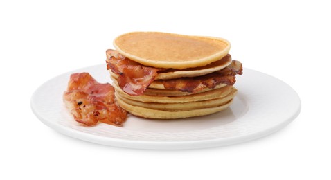 Delicious pancakes with bacon isolated on white