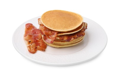 Photo of Delicious pancakes with bacon isolated on white