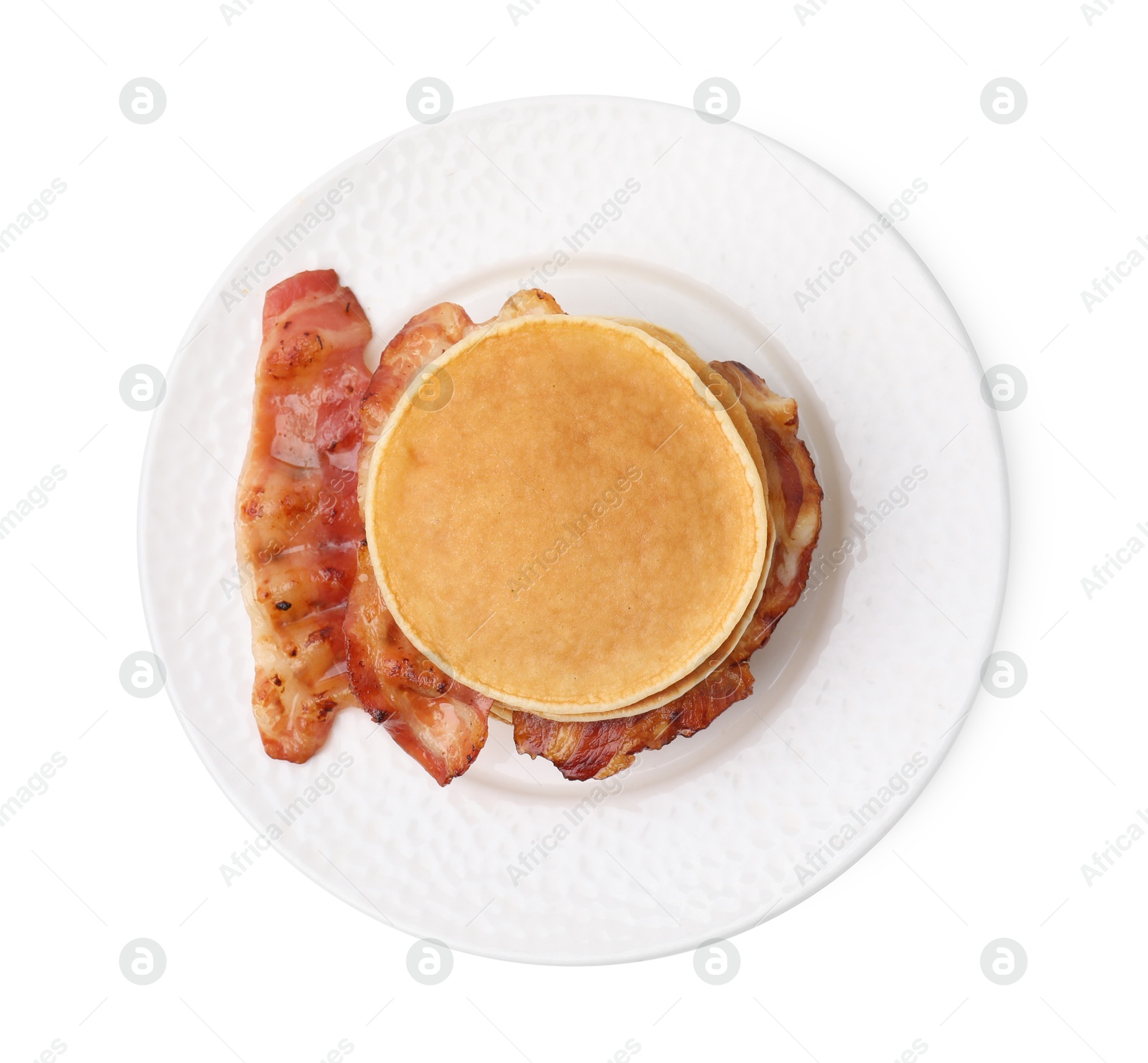 Photo of Delicious pancakes with bacon isolated on white, top view