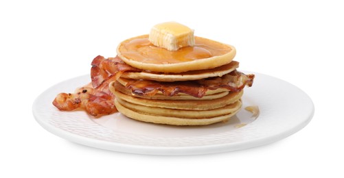 Delicious pancakes with bacon isolated on white