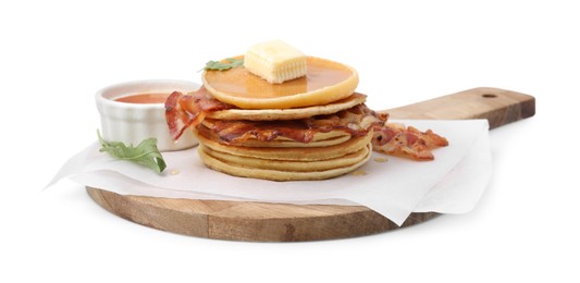 Photo of Delicious pancakes with bacon, butter, arugula and honey isolated on white