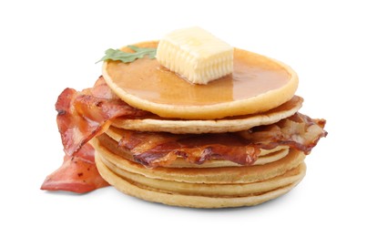 Photo of Delicious pancakes with bacon, butter, arugula and honey isolated on white