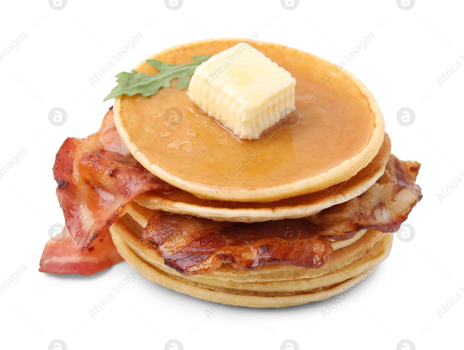 Photo of Delicious pancakes with bacon, butter, arugula and honey isolated on white