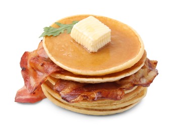 Delicious pancakes with bacon, butter, arugula and honey isolated on white