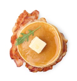 Delicious pancakes with bacon, butter, arugula and honey isolated on white, top view
