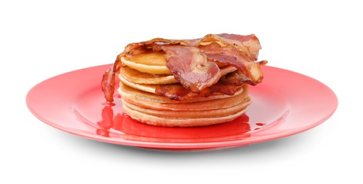 Delicious pancakes with bacon isolated on white