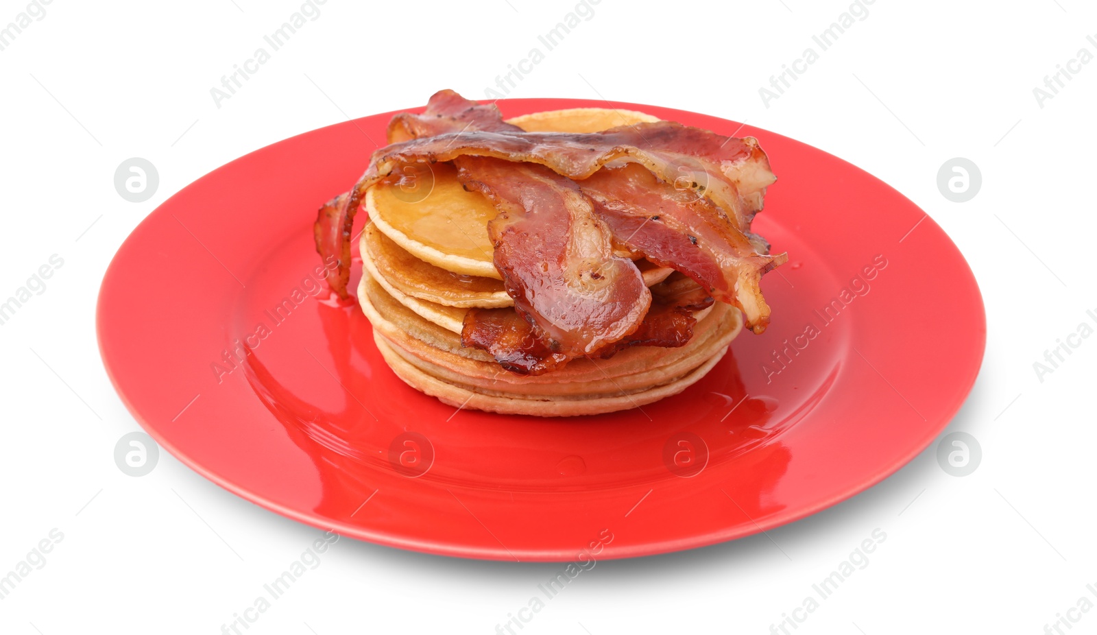 Photo of Delicious pancakes with bacon isolated on white