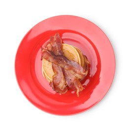 Photo of Delicious pancakes with bacon isolated on white, top view