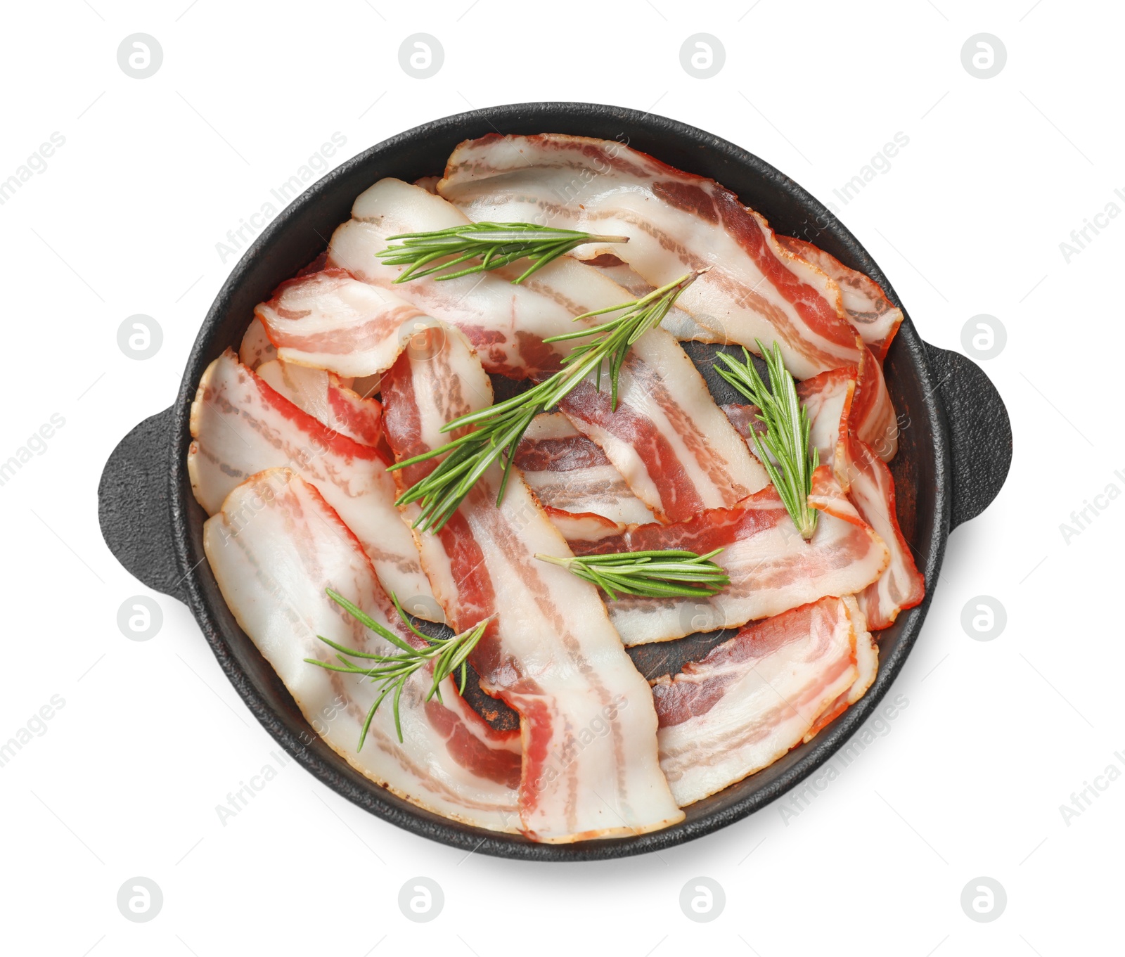 Photo of Delicious bacon slices and fresh rosemary in frying pan isolated on white, top view