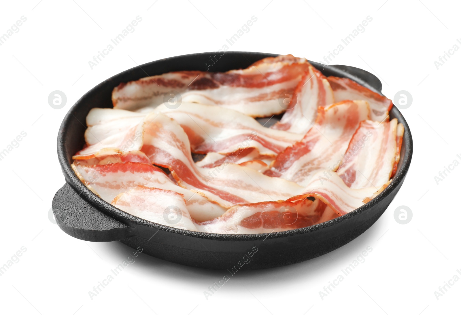 Photo of Delicious bacon slices in frying pan isolated on white