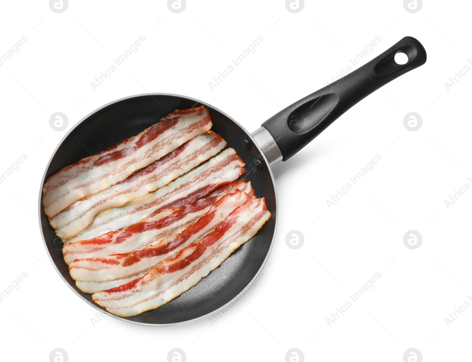 Photo of Delicious bacon slices in frying pan isolated on white, top view