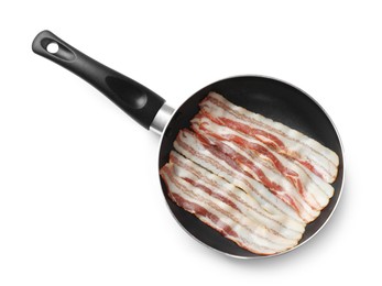 Photo of Delicious bacon slices in frying pan isolated on white, top view