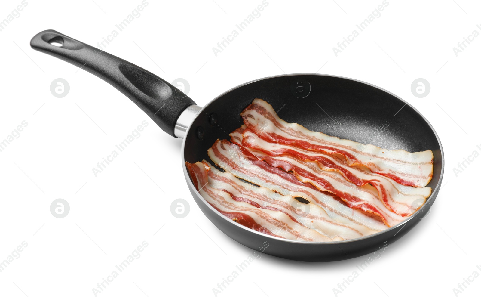 Photo of Delicious bacon slices in frying pan isolated on white