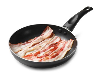 Photo of Delicious bacon slices in frying pan isolated on white