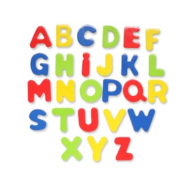 Alphabet. Many colorful magnetic letters isolated on white, top view