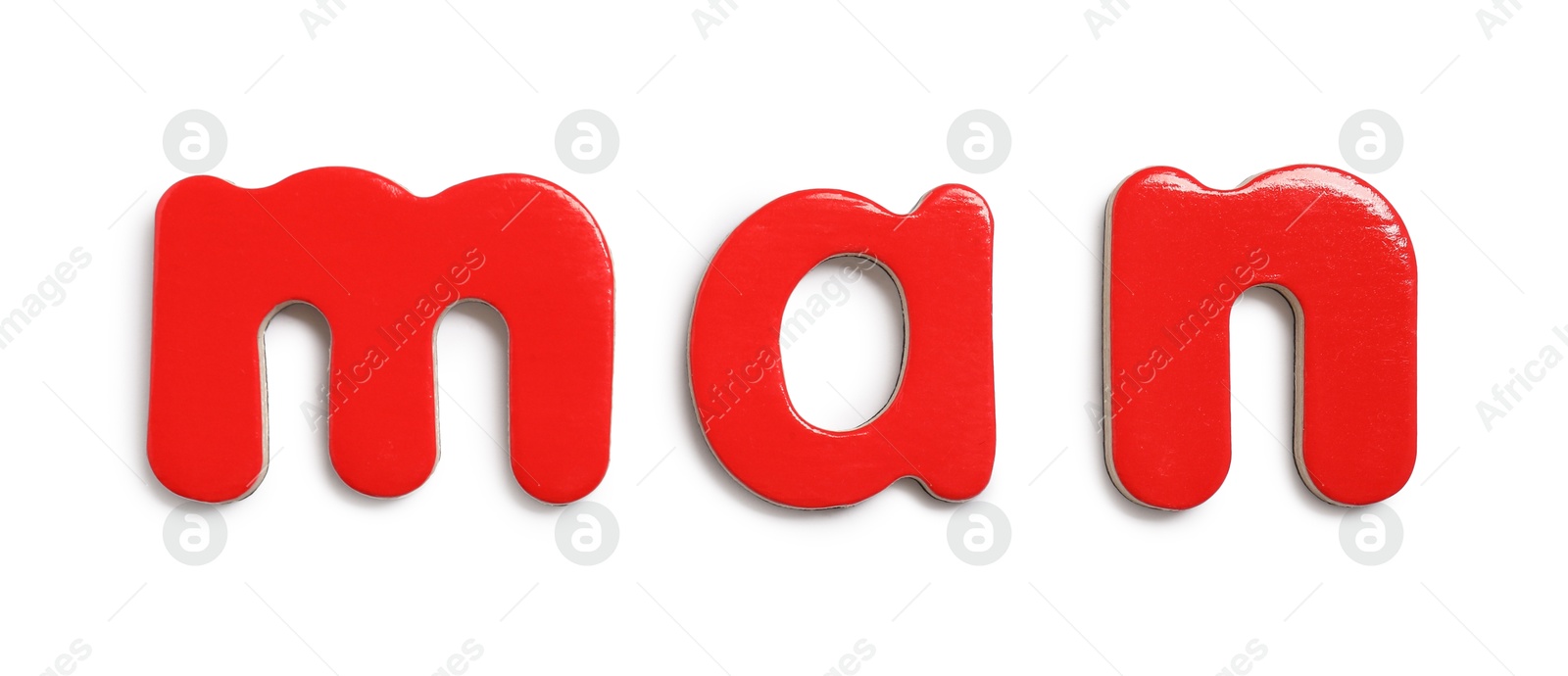 Photo of Alphabet. Word Man of magnetic letters isolated on white, top view
