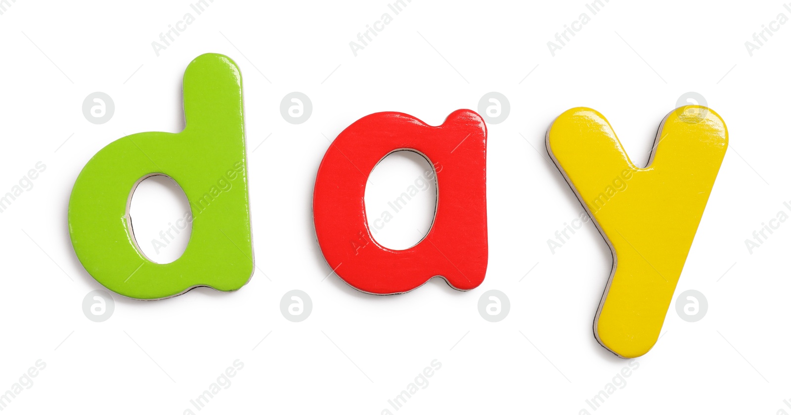 Photo of Alphabet. Word Day of magnetic letters isolated on white, top view