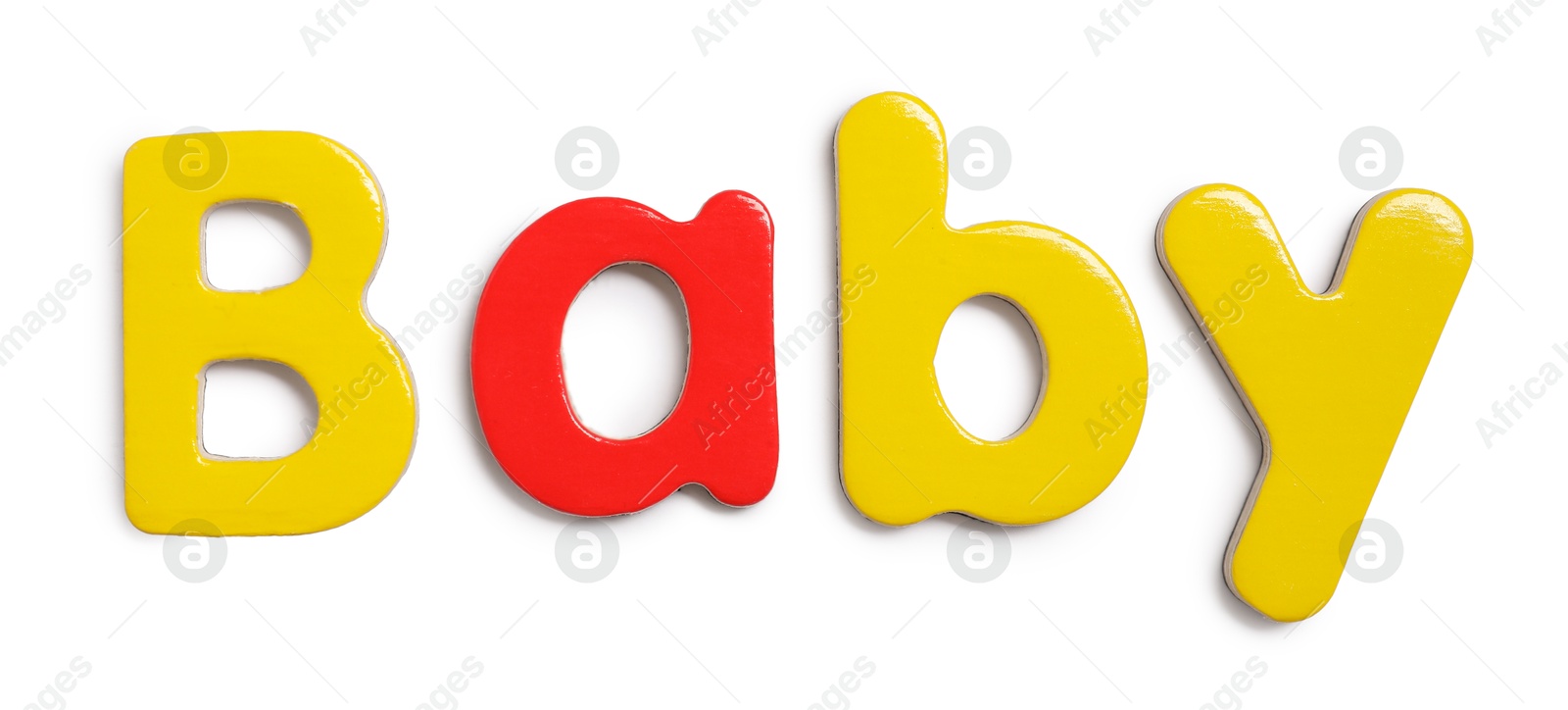 Photo of Alphabet. Word Baby of magnetic letters isolated on white, top view
