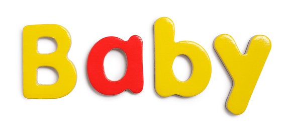 Photo of Alphabet. Word Baby of magnetic letters isolated on white, top view