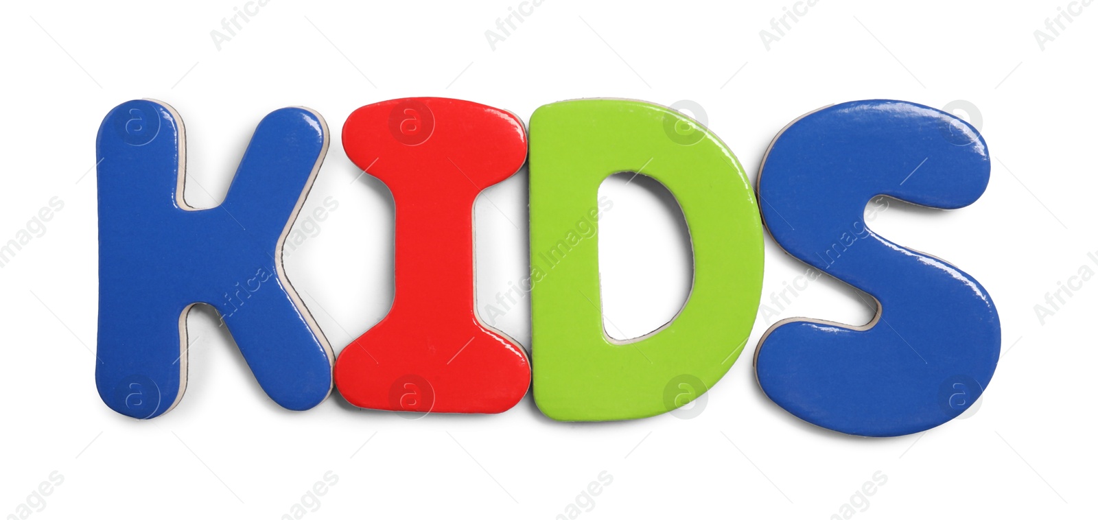 Photo of Alphabet. Word Kids of magnetic letters isolated on white, top view