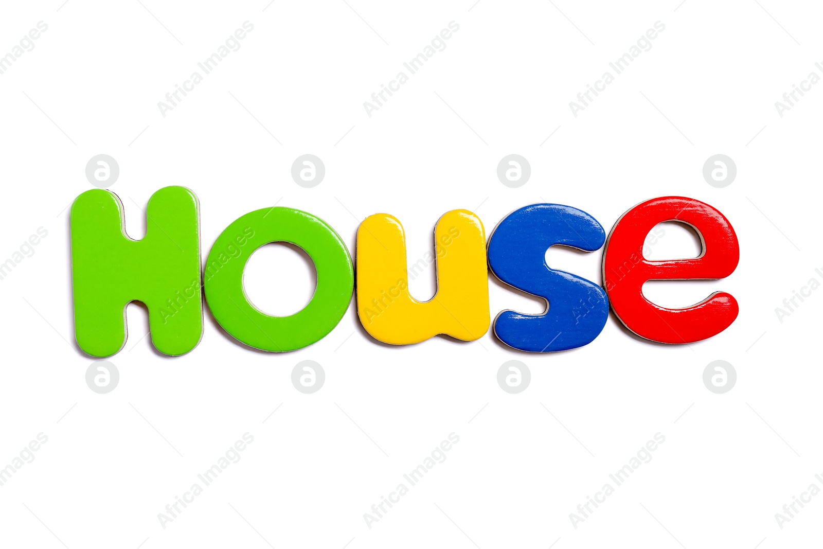 Photo of Alphabet. Word House of magnetic letters isolated on white, top view