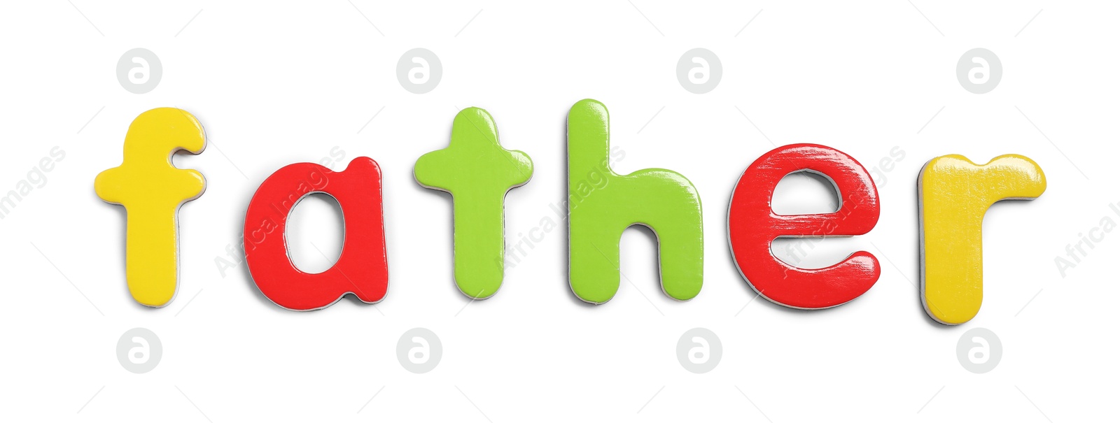 Photo of Alphabet. Word Father of magnetic letters isolated on white, top view