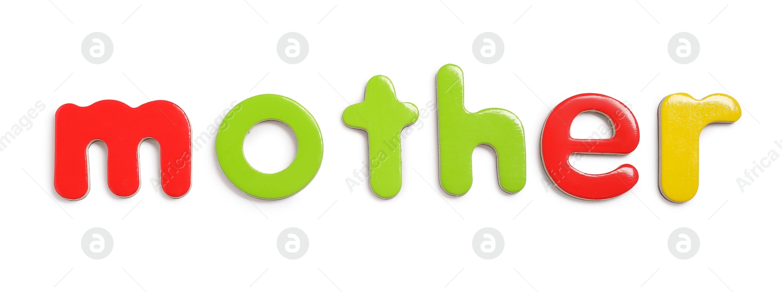 Photo of Alphabet. Word Mother of magnetic letters isolated on white, top view