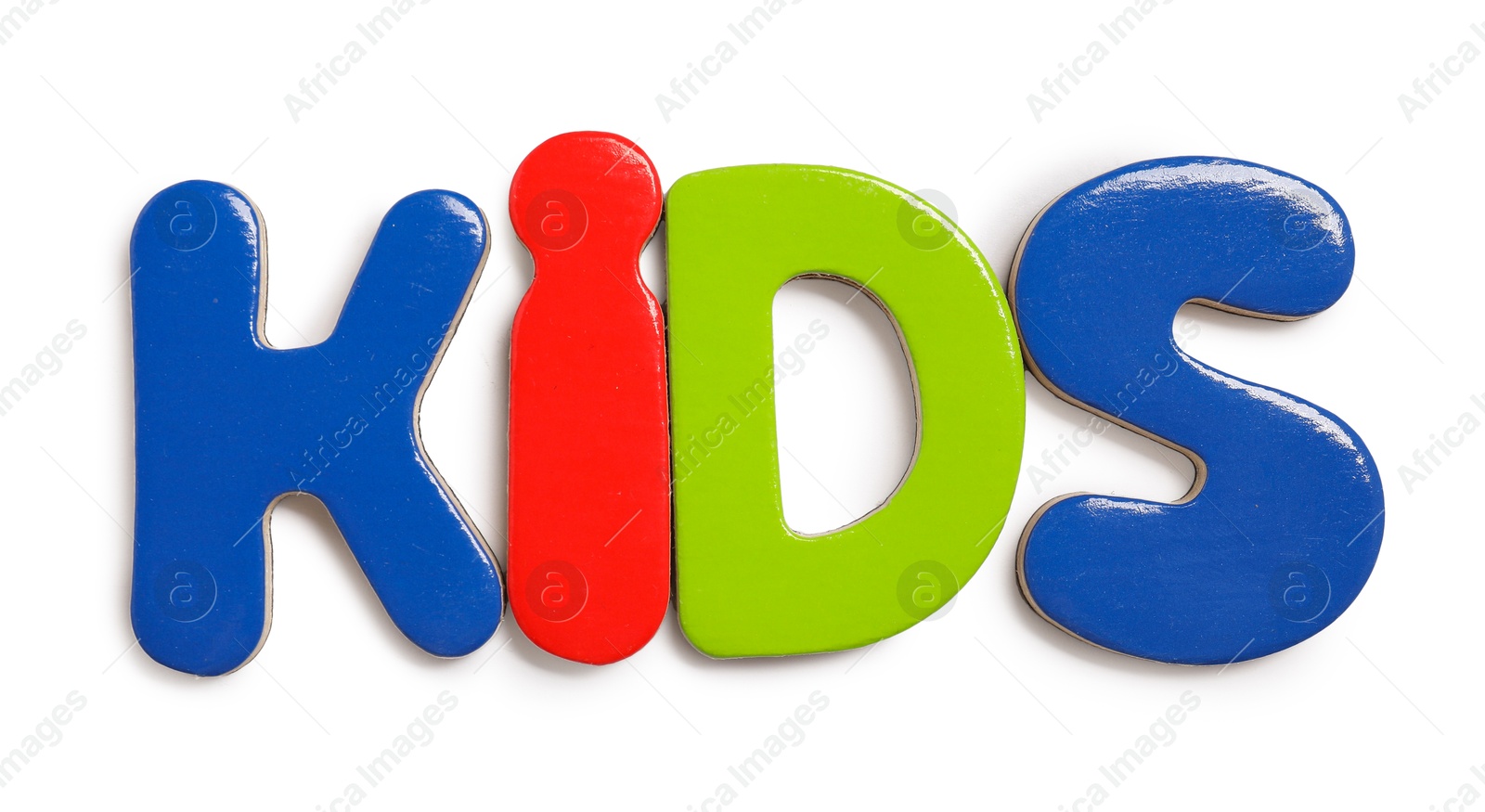 Photo of Alphabet. Word Kids of magnetic letters isolated on white, top view