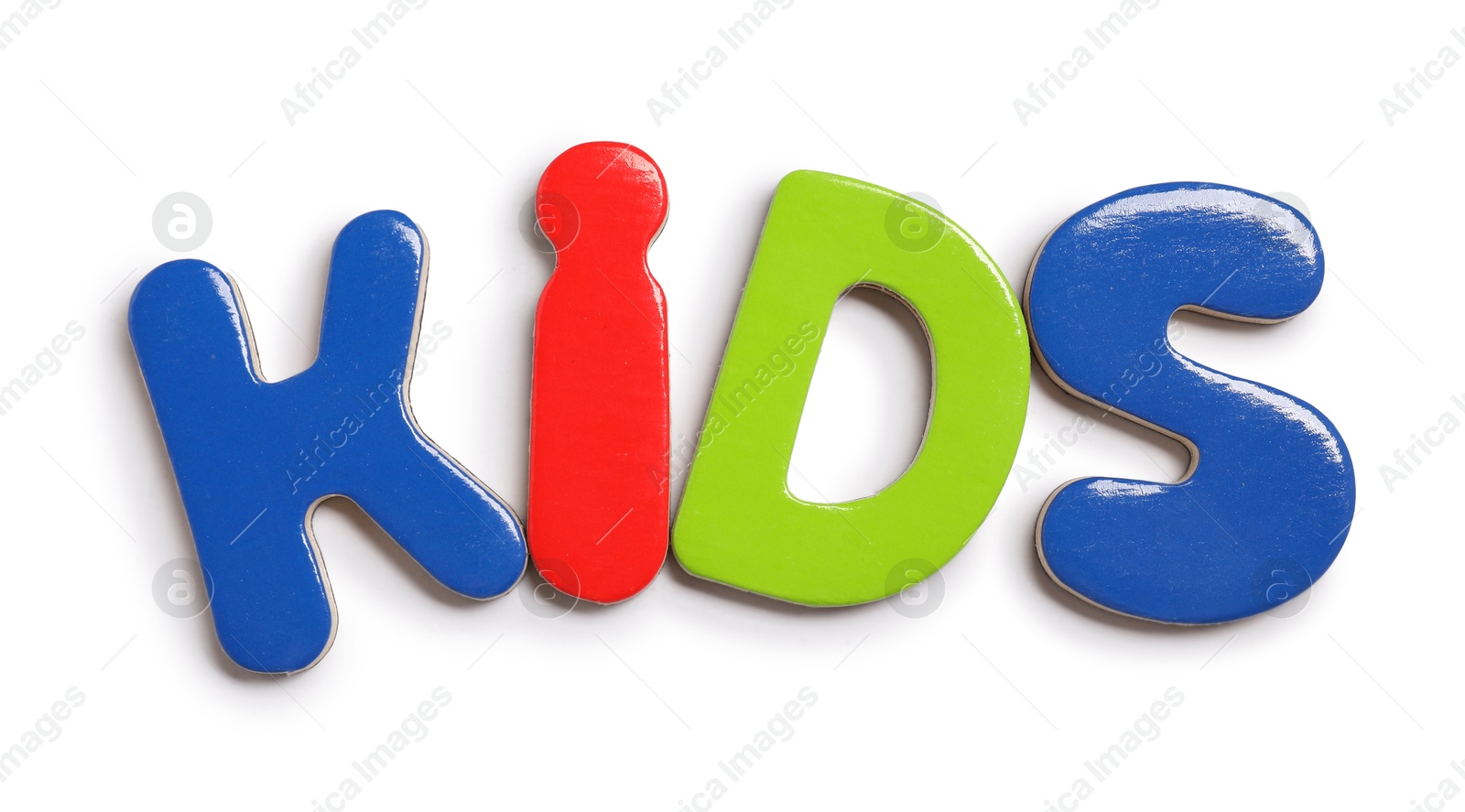 Photo of Alphabet. Word Kids of magnetic letters isolated on white, top view