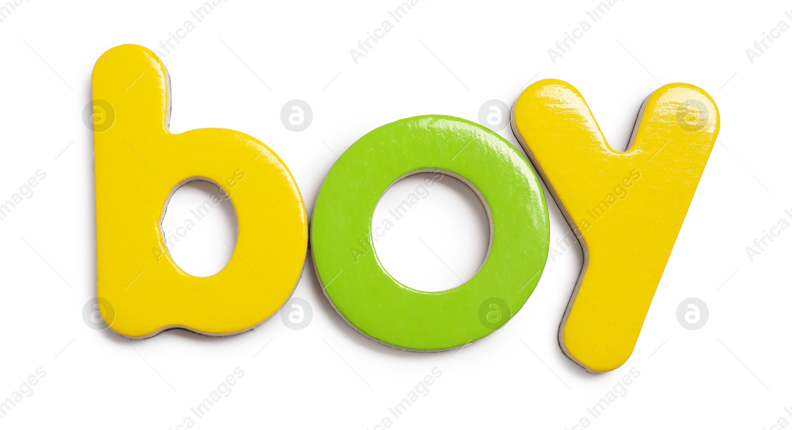 Photo of Alphabet. Word Boy of magnetic letters isolated on white, top view