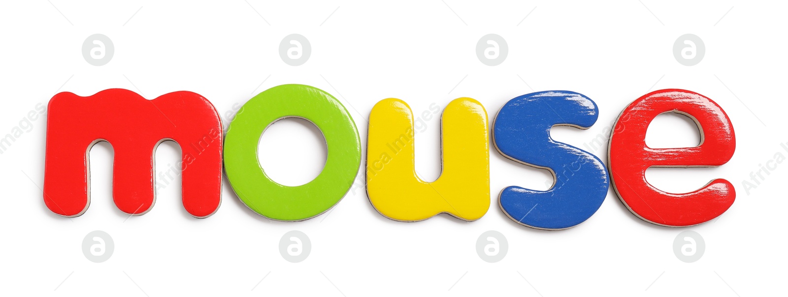 Photo of Alphabet. Word Mouse of magnetic letters isolated on white, top view