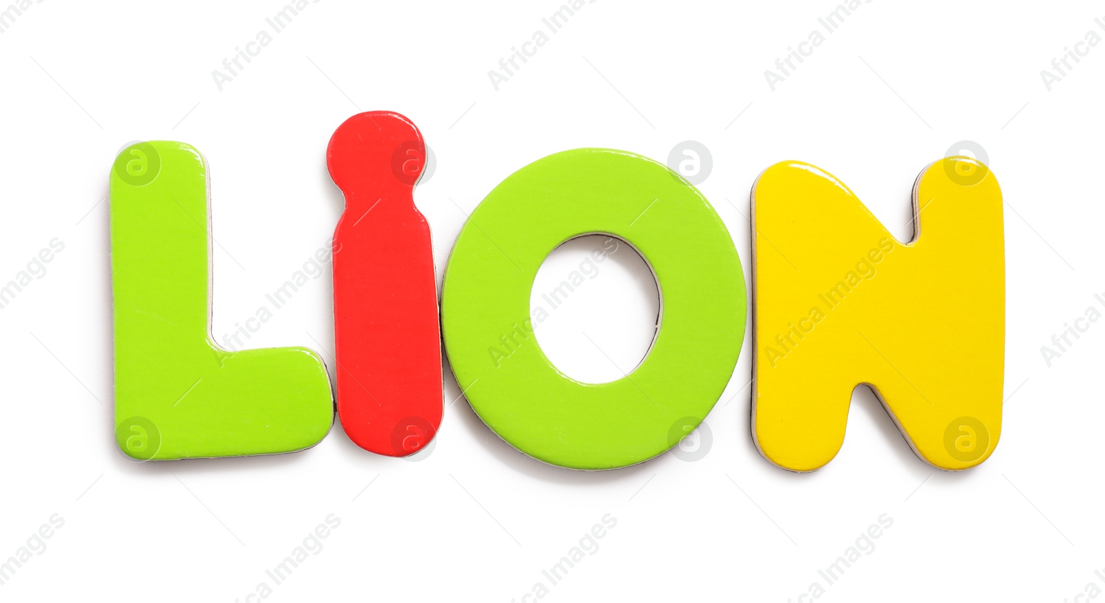 Photo of Alphabet. Word Lion of magnetic letters isolated on white, top view