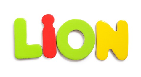 Photo of Alphabet. Word Lion of magnetic letters isolated on white, top view