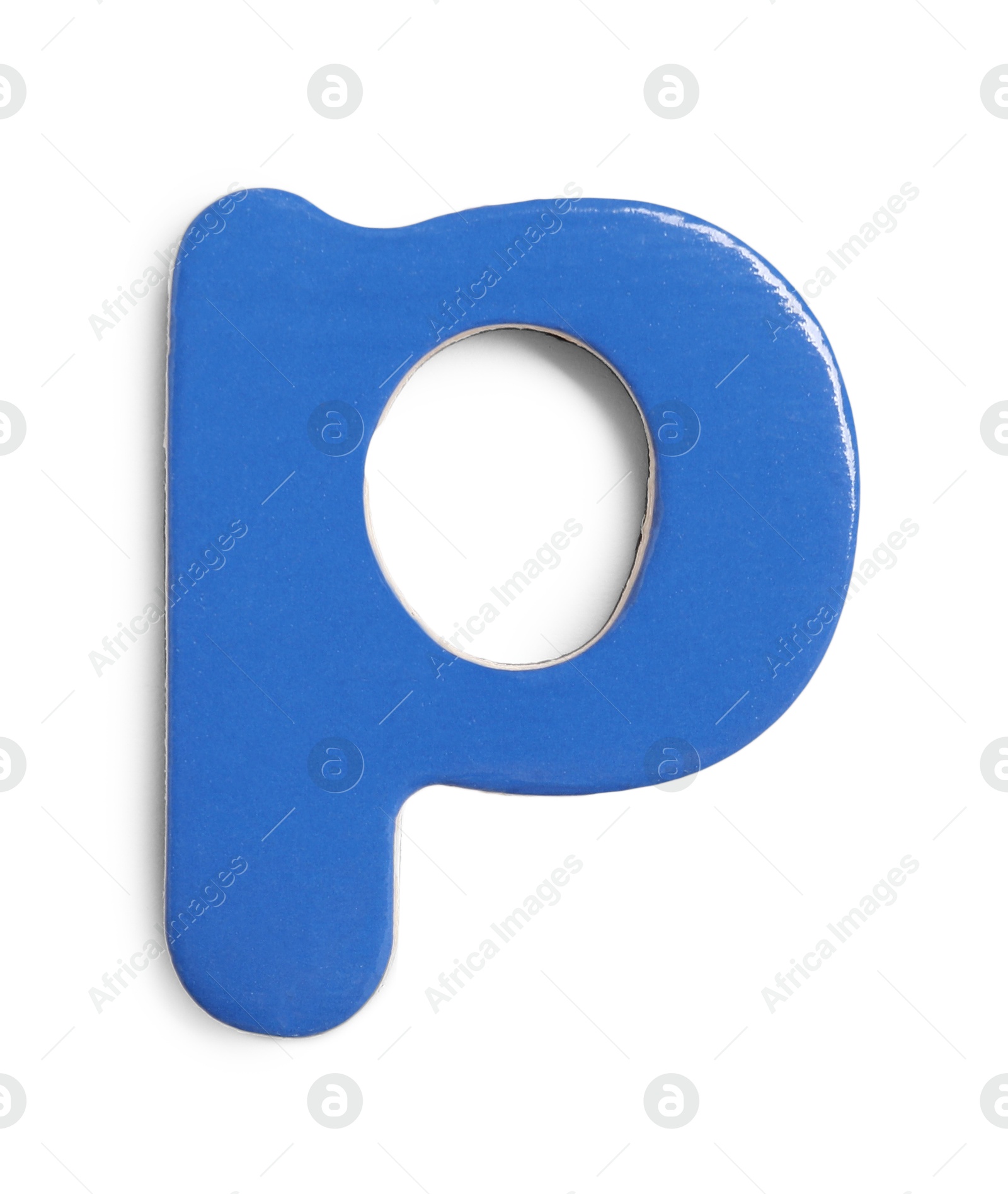 Photo of Alphabet. Blue magnetic letter P isolated on white, top view