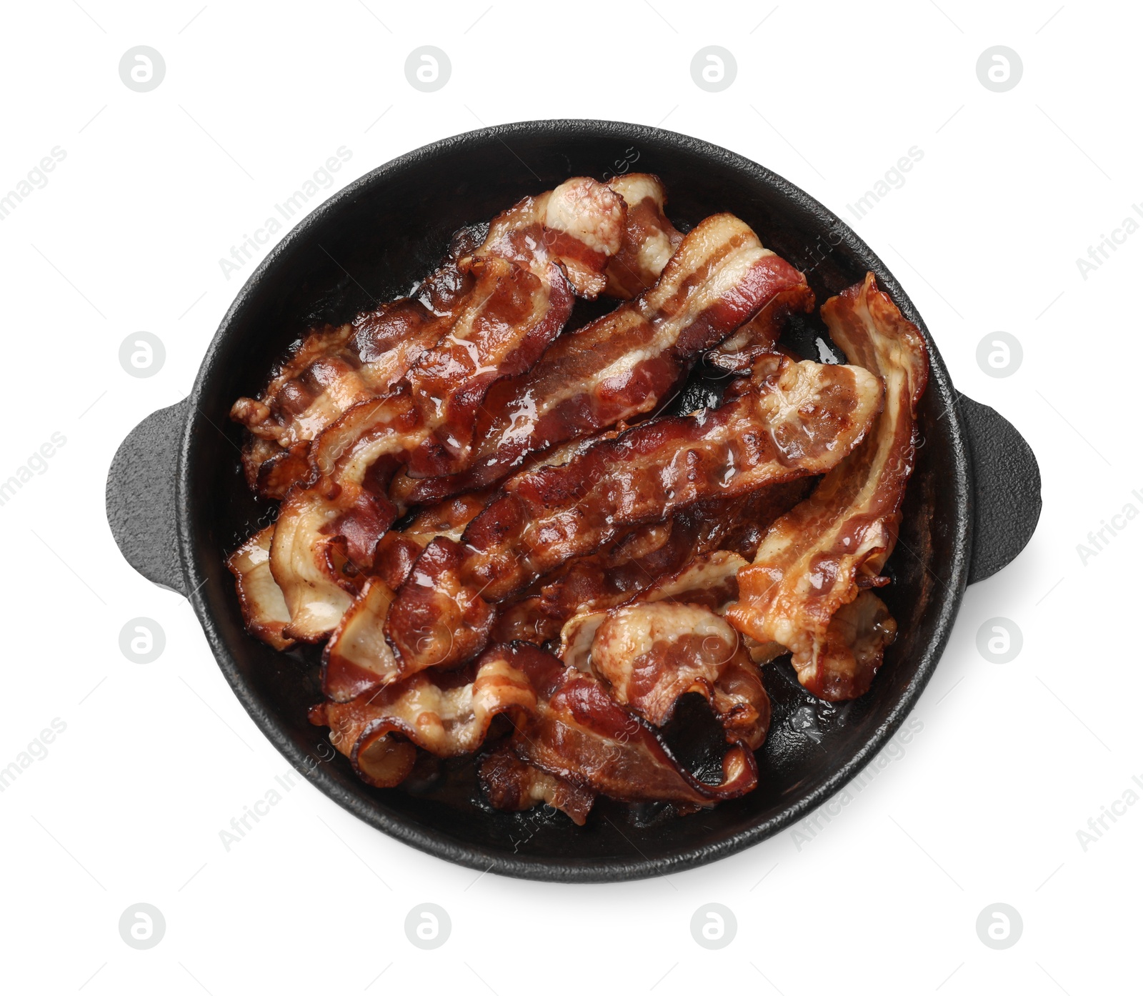 Photo of Delicious bacon slices in frying pan isolated on white, top view