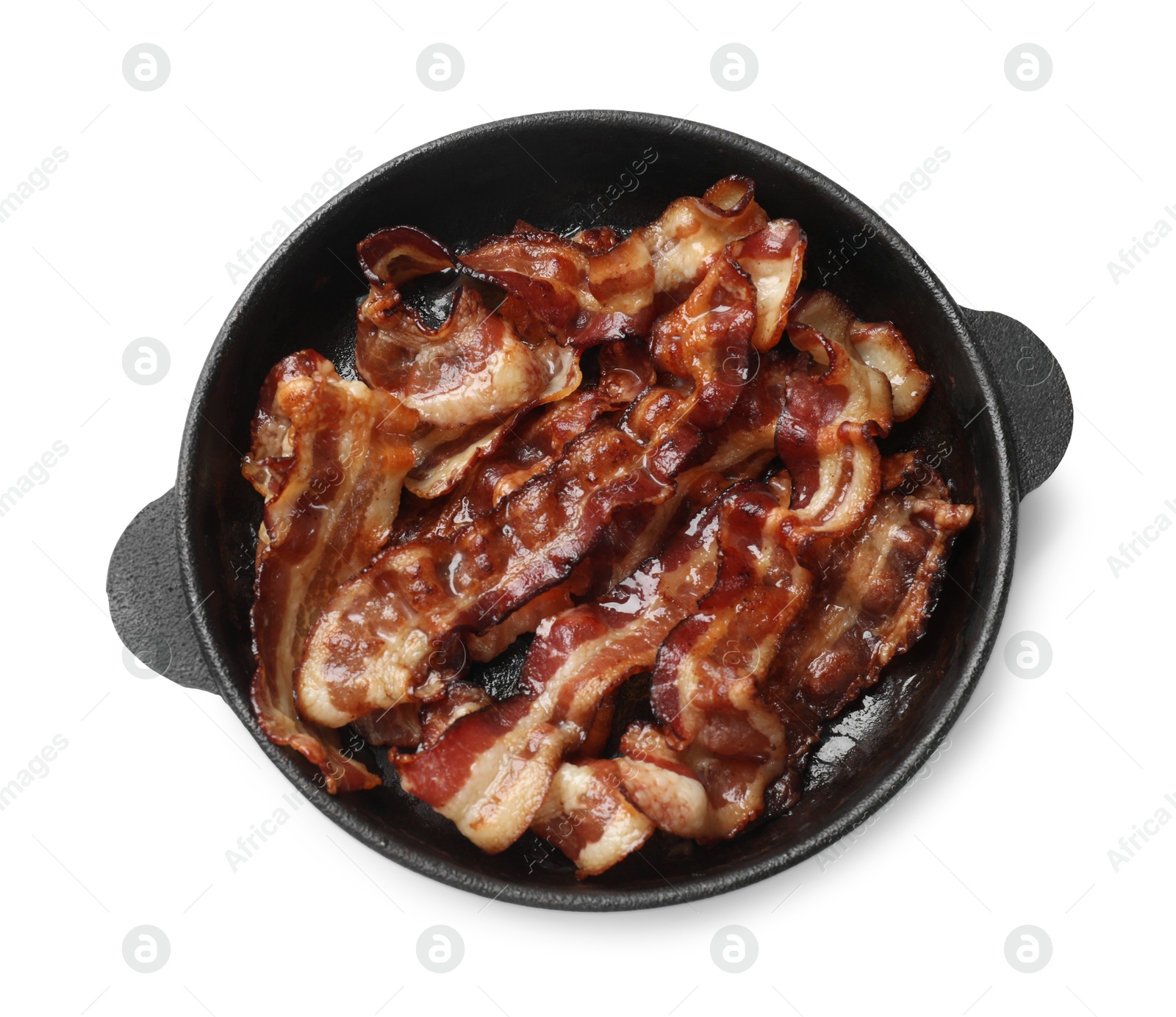 Photo of Delicious bacon slices in frying pan isolated on white, top view