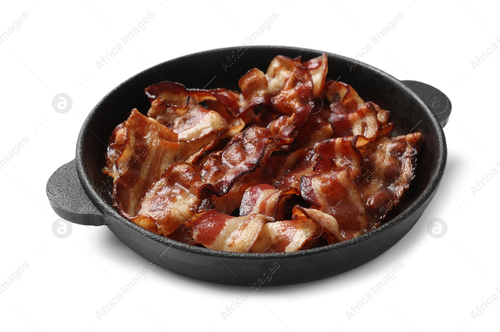 Photo of Delicious bacon slices in frying pan isolated on white