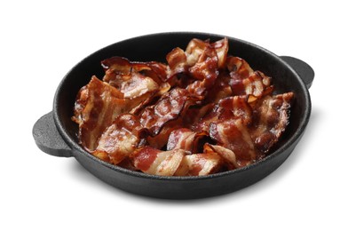 Photo of Delicious bacon slices in frying pan isolated on white