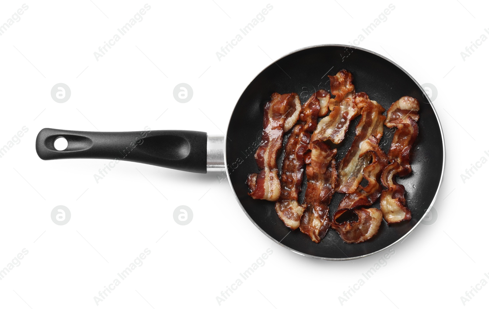 Photo of Delicious bacon slices in frying pan isolated on white, top view