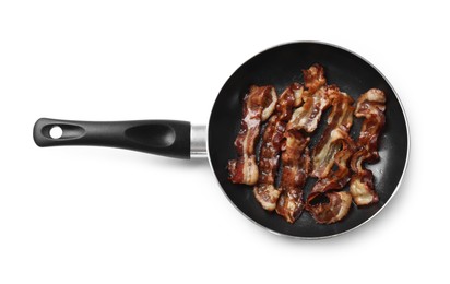 Delicious bacon slices in frying pan isolated on white, top view