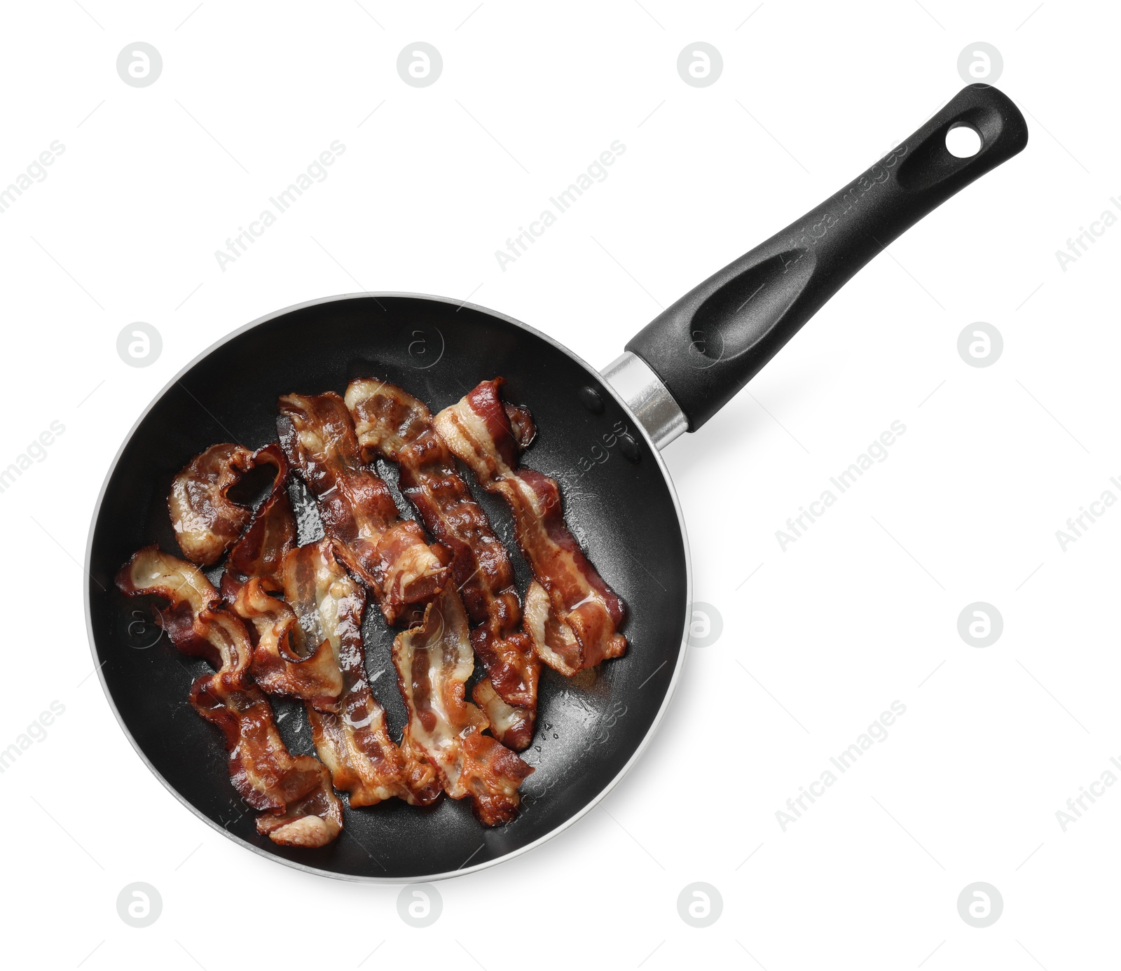 Photo of Delicious bacon slices in frying pan isolated on white, top view