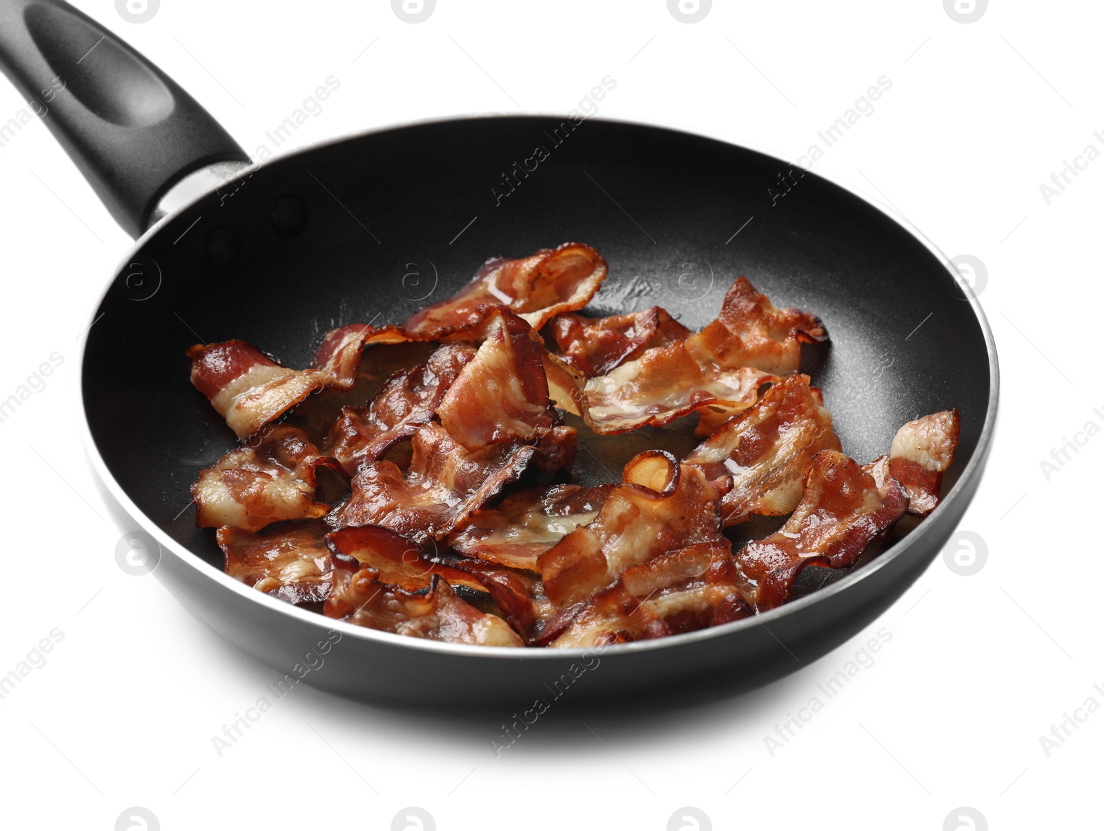 Photo of Delicious bacon slices in frying pan isolated on white